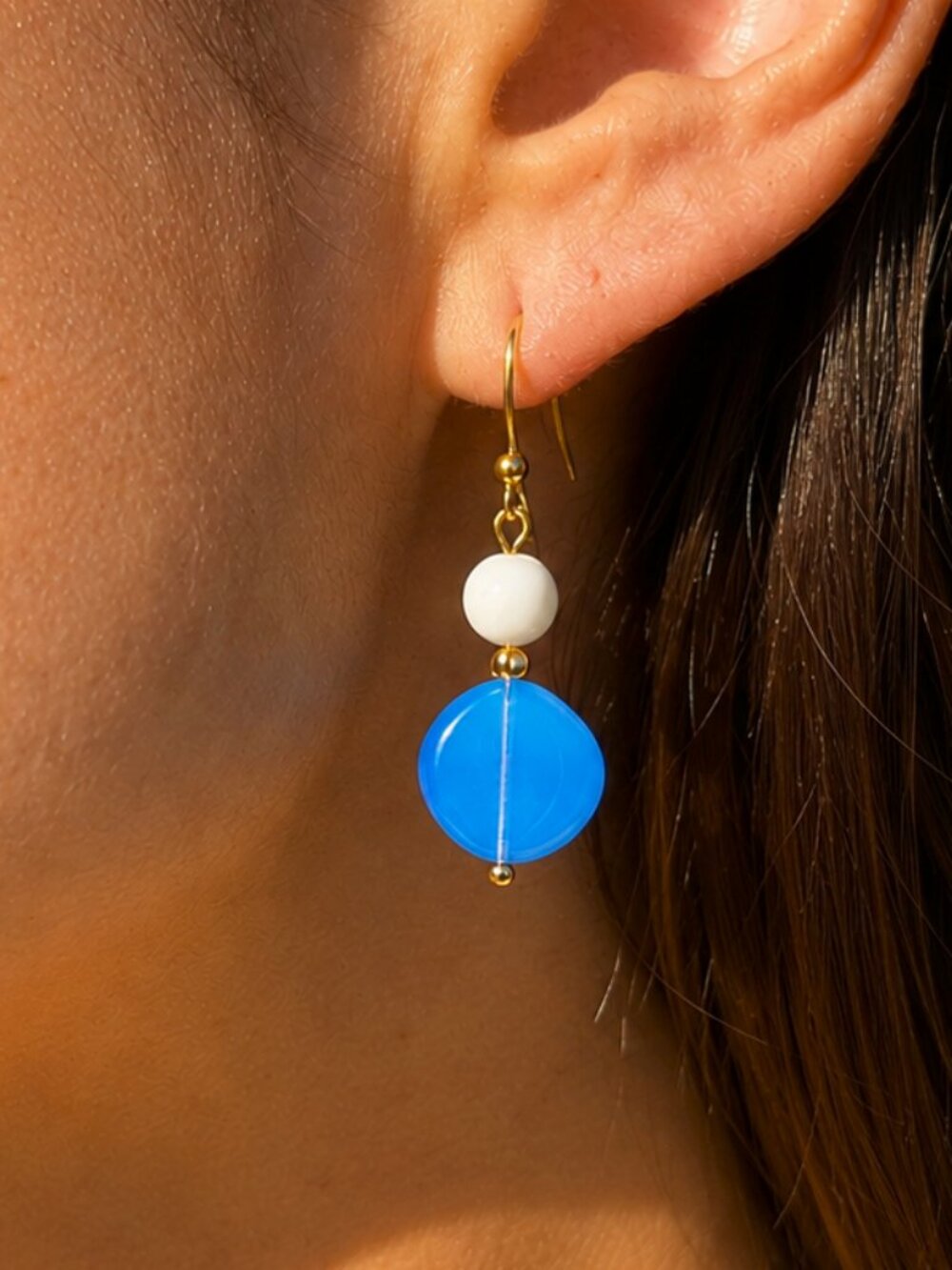 Powder Blue Pressed Glass & Shell Pearl Drop Earrings, 24k Gold Plated Hooks